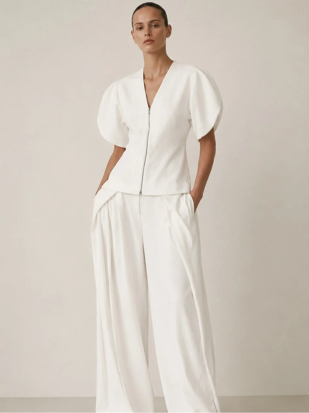 Zara White Sculptural Puff Sleeve Zip Front Blouse Top NWT Size S